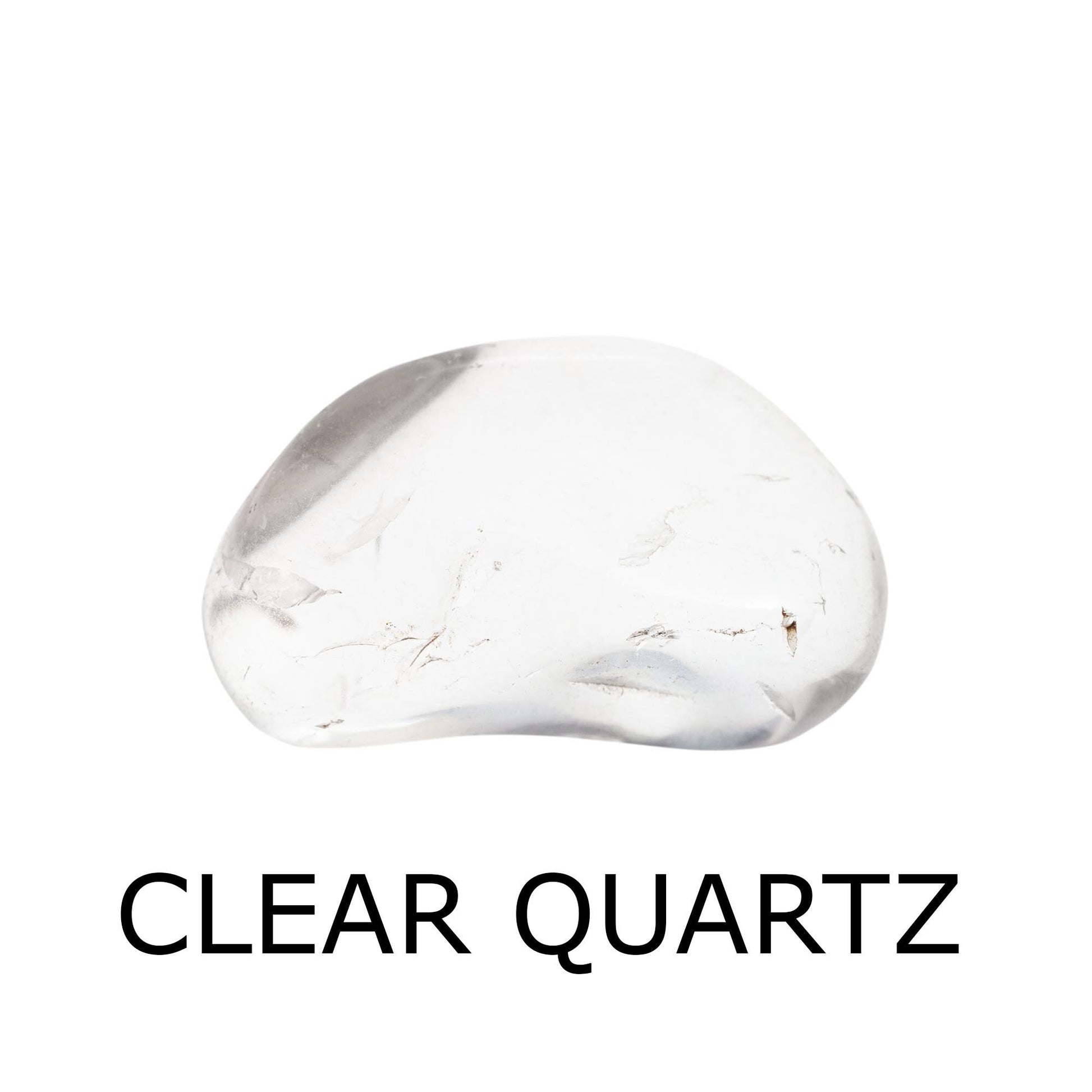 clear quartz tumbled stone with label