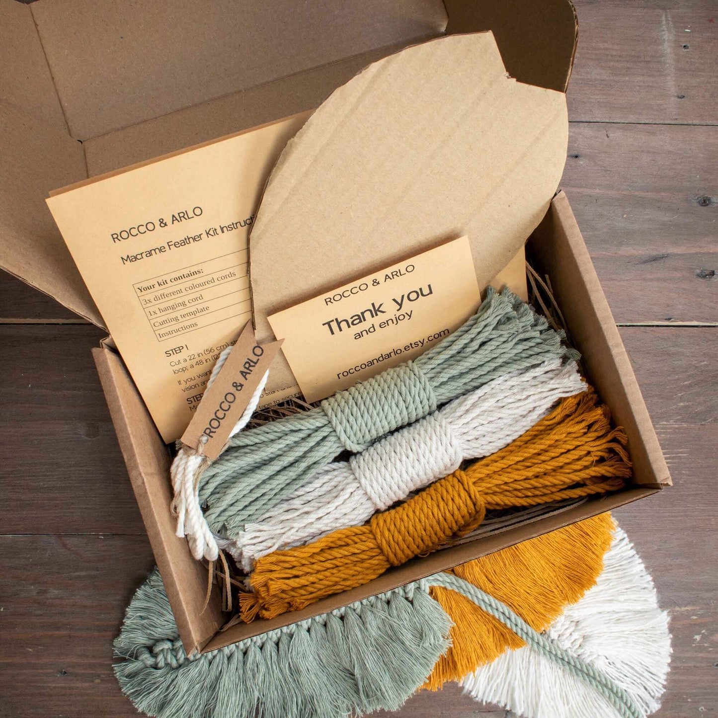 diy macrame kit in box for a trio of sage green mustard yellow and natural feathers