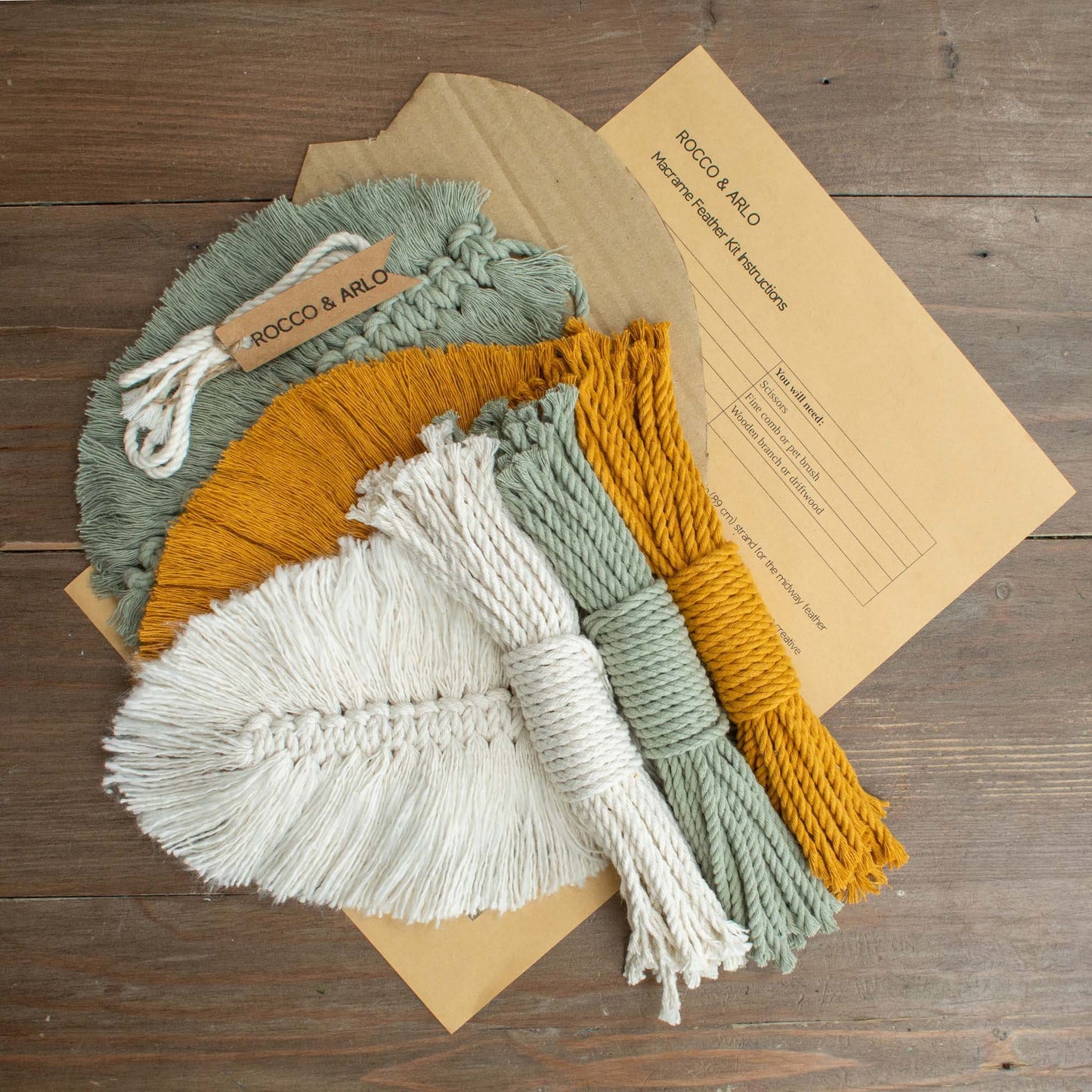 Macrame Wall Hanging Kit | DIY Macrame Feather Kit | Sage Green / Mustard / Natural