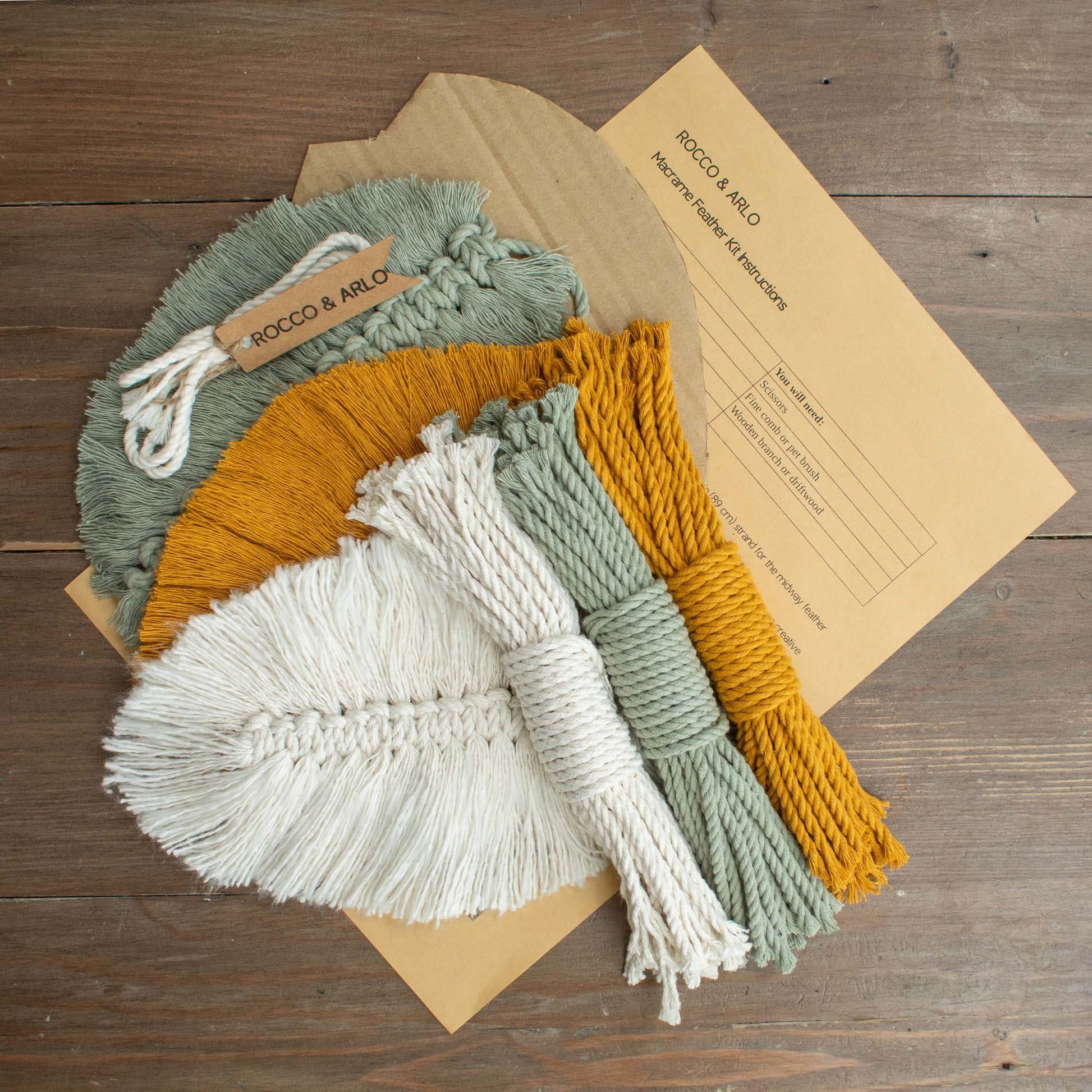 Macrame Wall Hanging Kit | DIY Macrame Feather Kit | Sage Green / Mustard / Natural