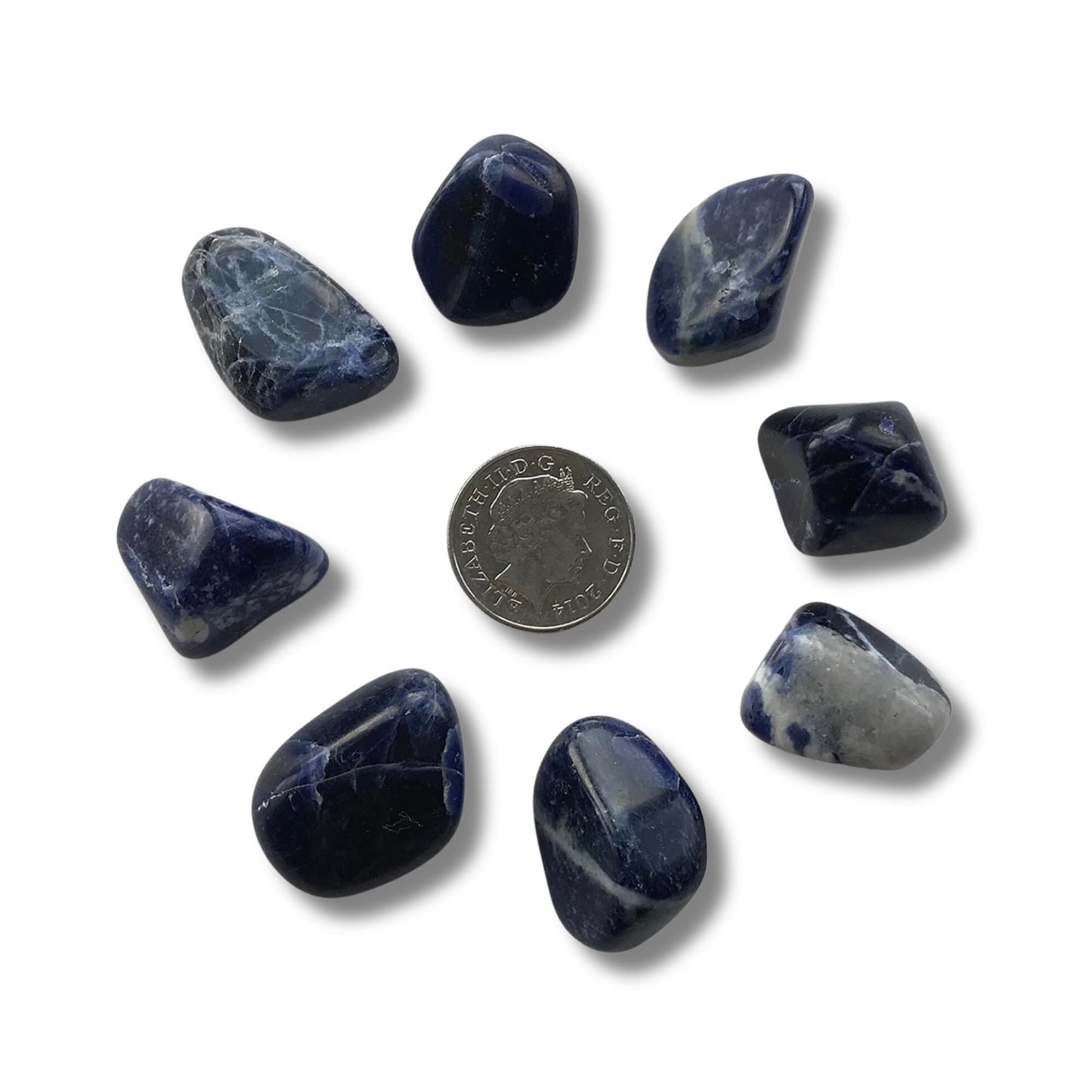 8 sodalite crystals with 10 pence pence for scale