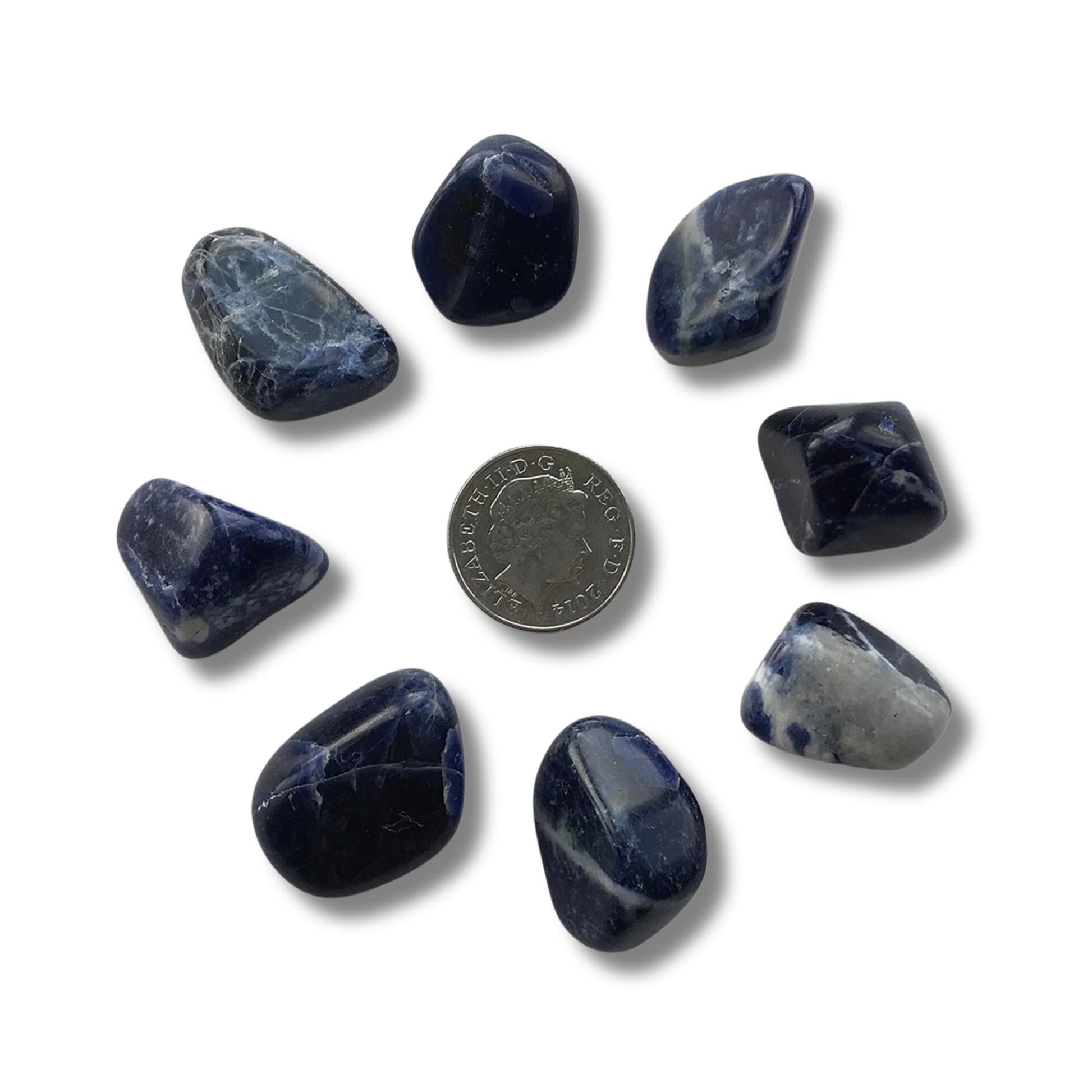 8 sodalite crystals with 10 pence pence for scale