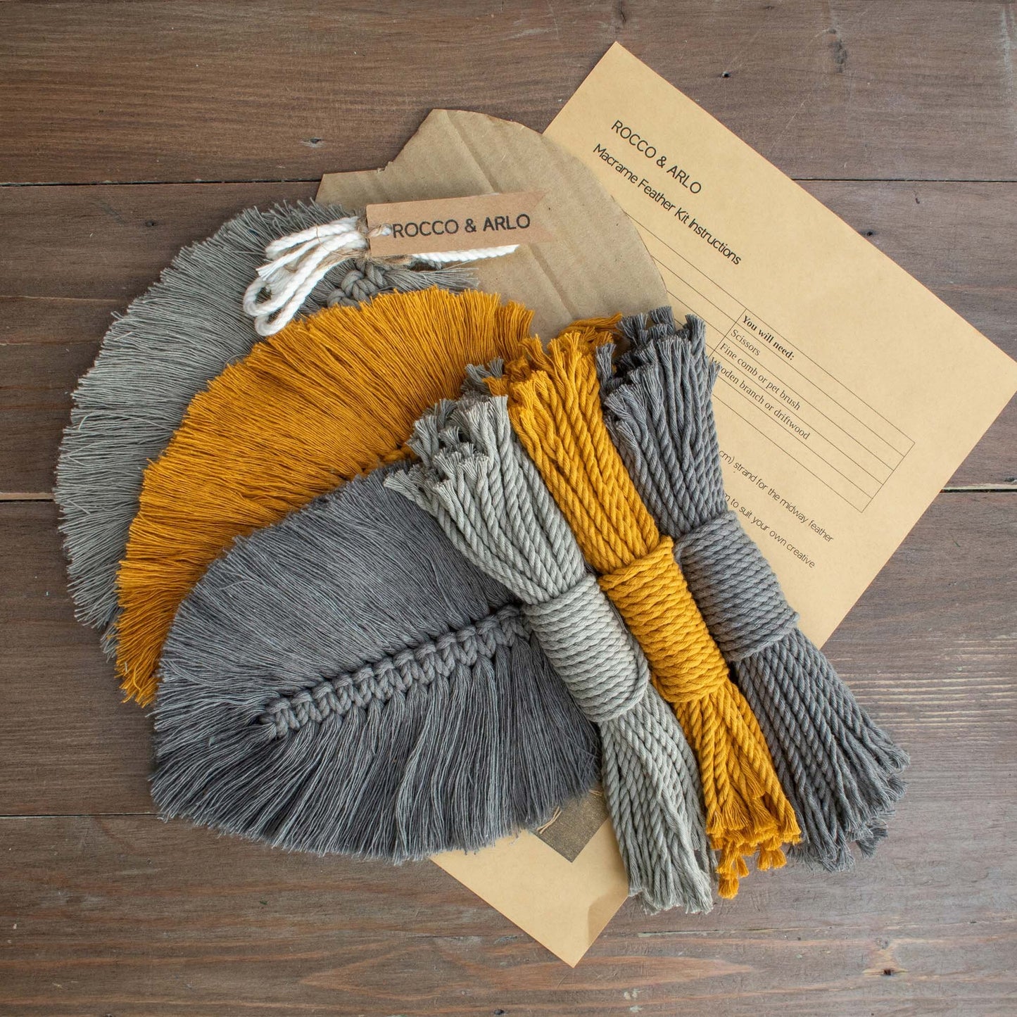 Macrame Kit | DIY Macrame Wall Hanging Kit Triple Feather | Dark Grey / Mustard / Light Grey