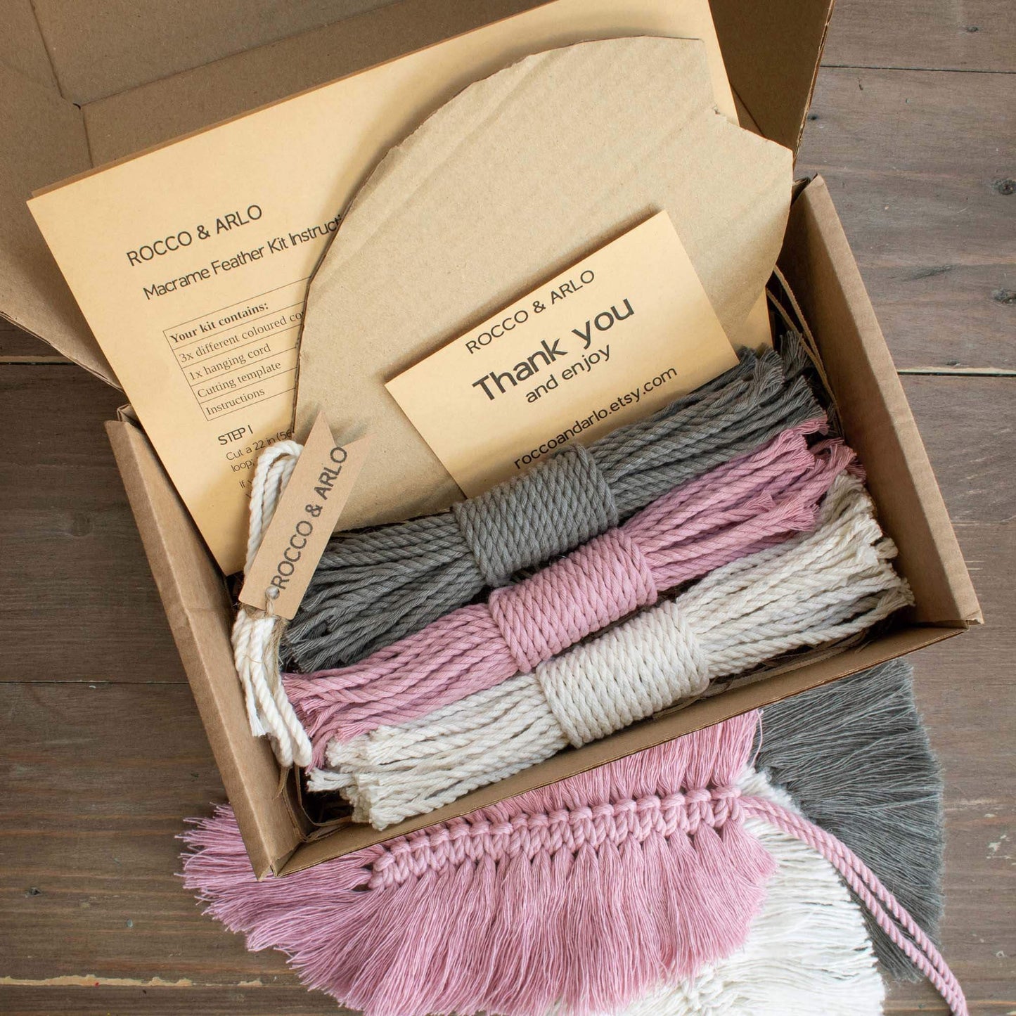 DIY Macrame Feather Making Kit | Modern Macrame Wall Hanging Kit | Dark Grey / Dusky Pink / Natural