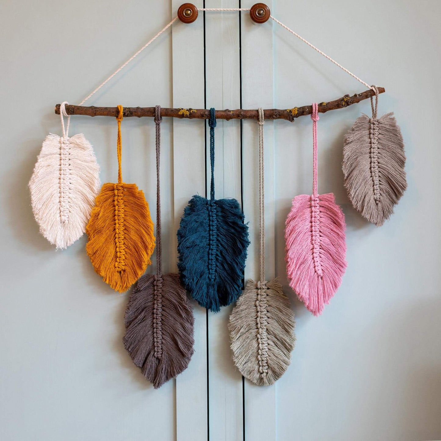 DIY Macrame Feather Making Kit | Modern Macrame Wall Hanging Kit | Dark Grey / Dusky Pink / Natural