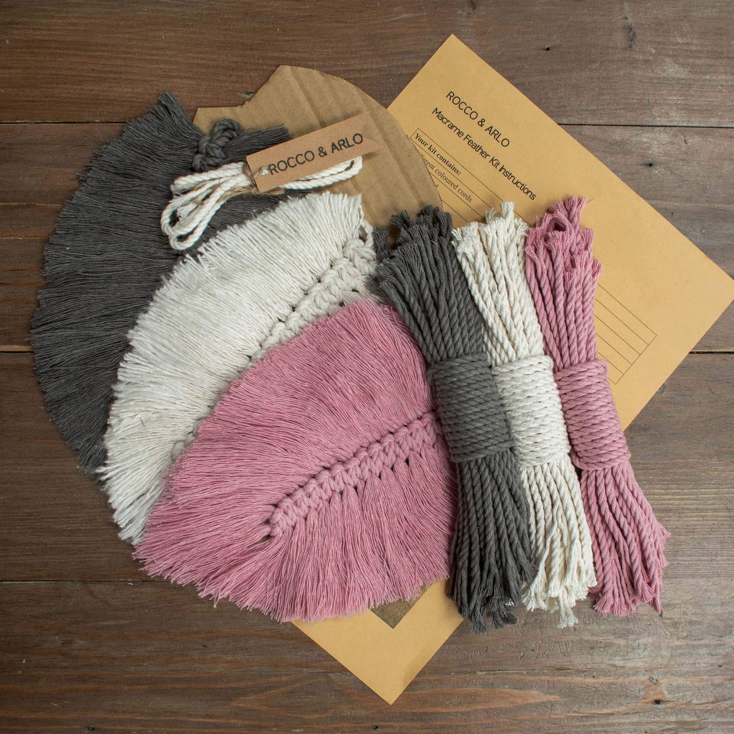 DIY Macrame Feather Making Kit | Modern Macrame Wall Hanging Kit | Dark Grey / Dusky Pink / Natural