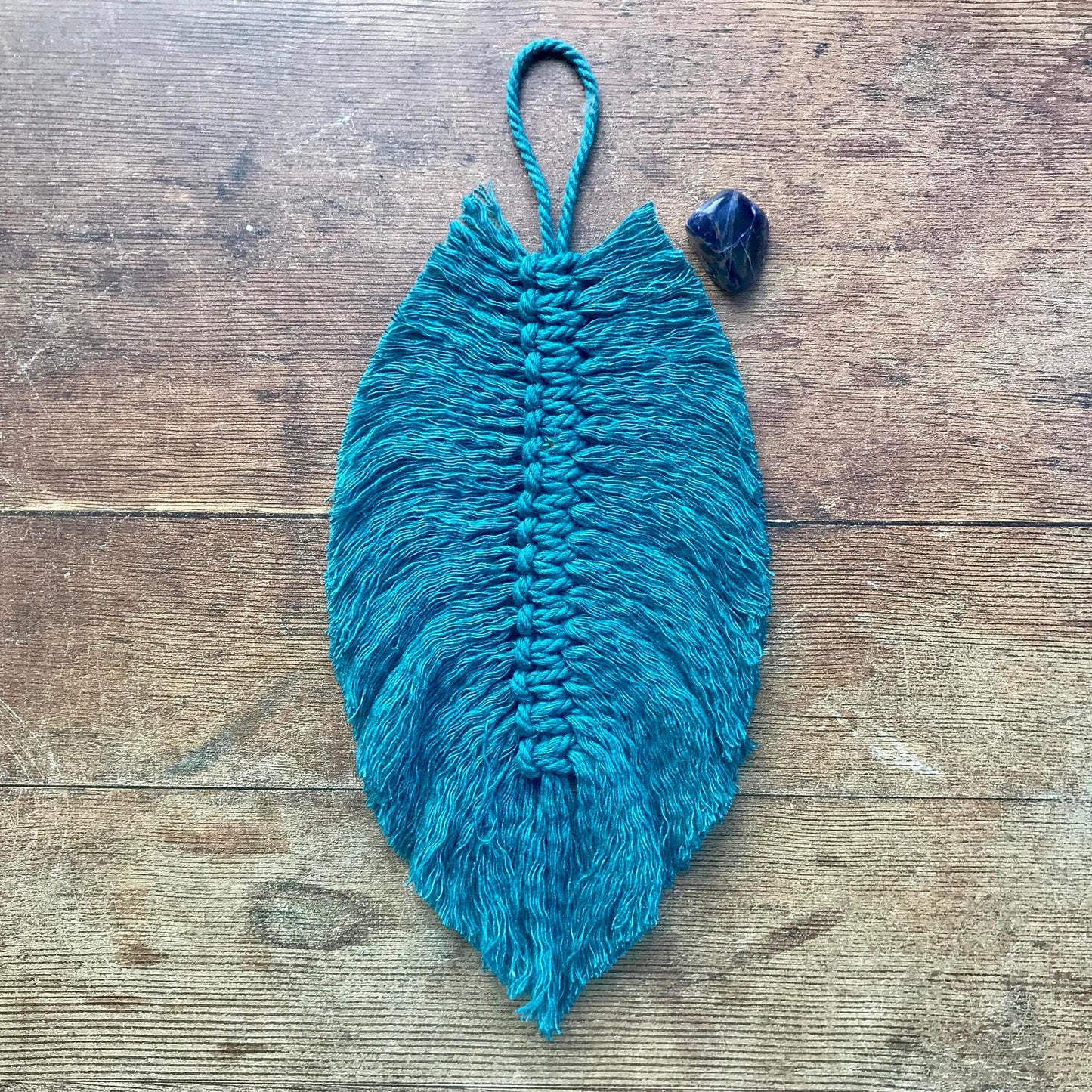 blue macrame feather with sodalite tumbled stone