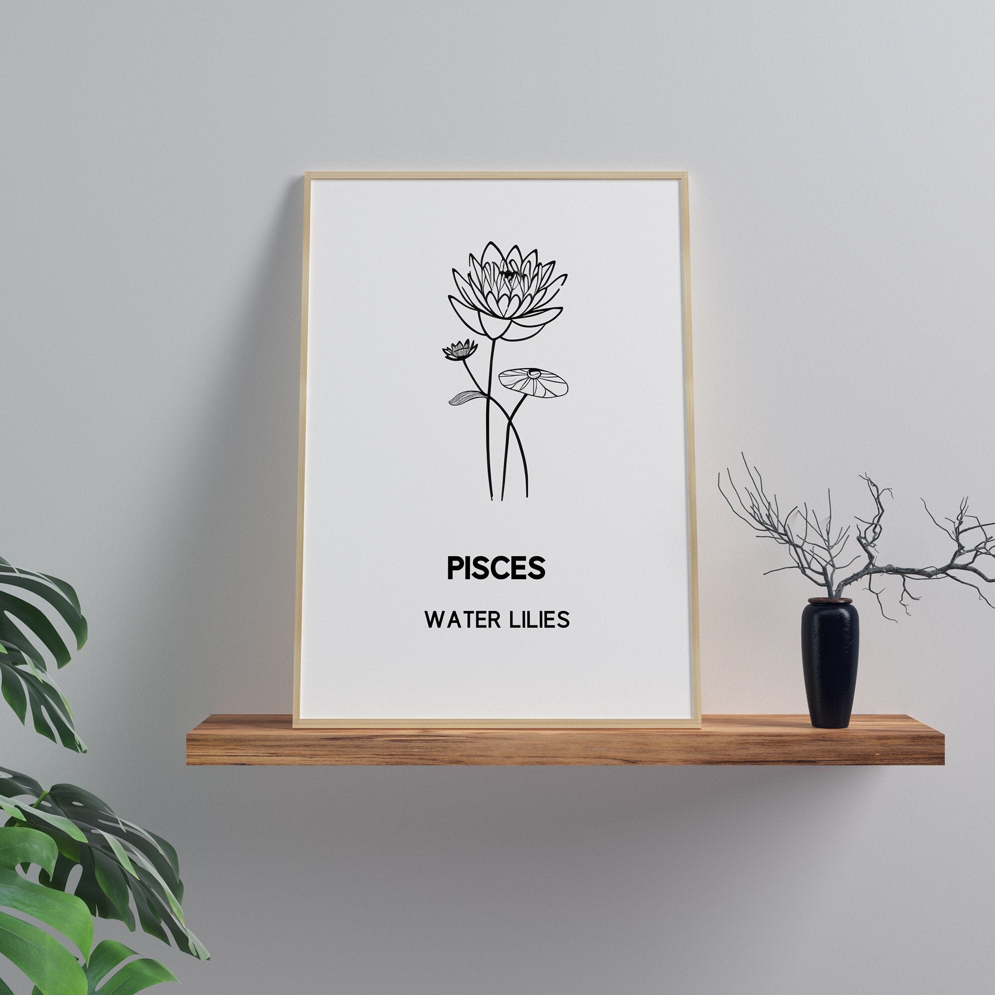 PISCES Zodiac Birth Flower Print WATER LILY Floral Line Art A5 148.5 x 210mm