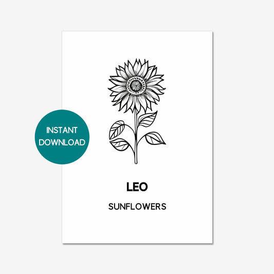 LEO Zodiac Birth Flower Print | Sunflower Floral Line Art As Home Decor | Printable Wall Art A4