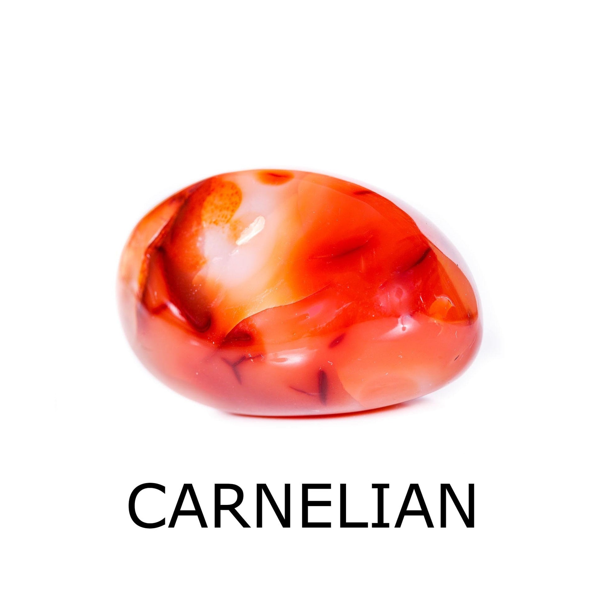 red carnelian tumbled stone with label